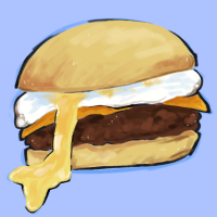 a drawing of a burger with a runny sunny side up egg on it